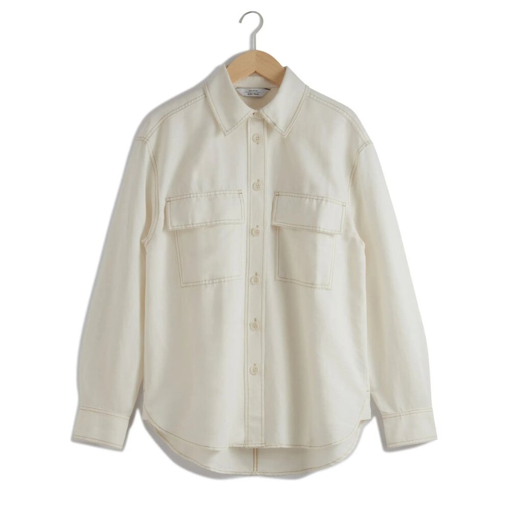 & Other Stories Oversized Topstitch Button Down Shirt Top Off-White | Size Small